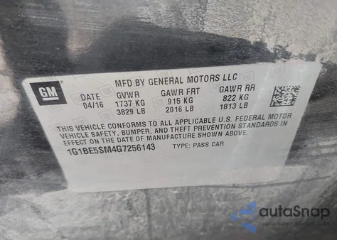 2016 Chevrolet Cruze Lt Auto из США, поврежденный, VIN 1G1BE5SM4G7256143